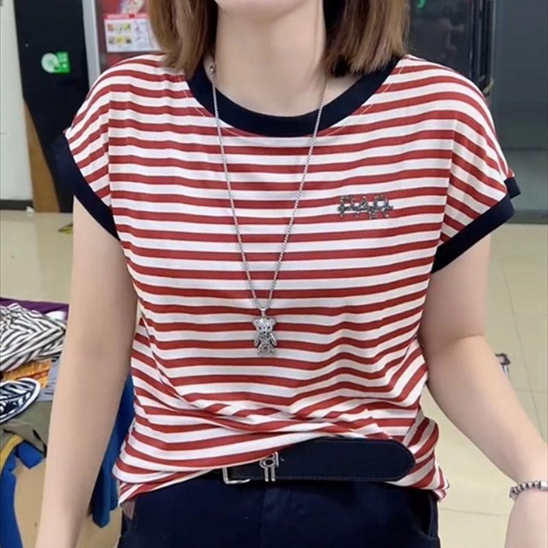 

Summer crew neck striped short-sleeved casual style daily breathable T-shirt small pullover contrasting color knitted sweater women 4XL червоний