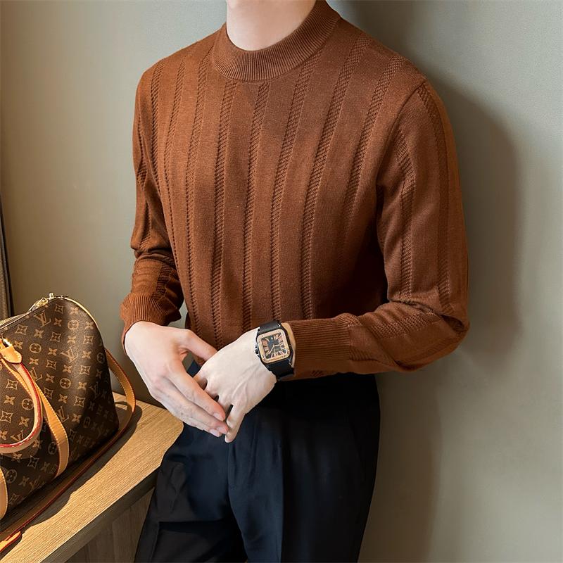 Autumn New Men's Plaid Jacquard Long-Sleeved T-shirt Fashion Slim Half Turtleneck Stretch All-Matching Sweater
