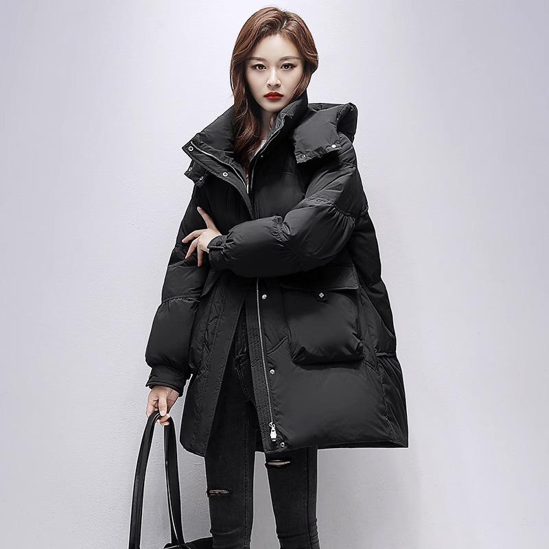 Women's Mid-Length Winter White Duck Down Hooded Coat - Fashionable and Warm