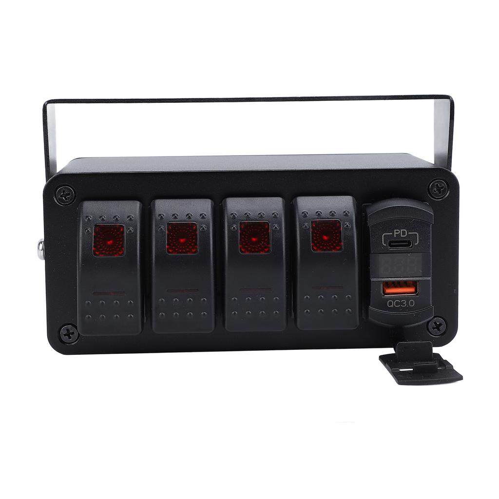 4 Gang Rocker Switch Panel with PD Type C QC3.0 USB Charger Waterproof Universal Fit for Car Truck Boat RV UTV ATV Red