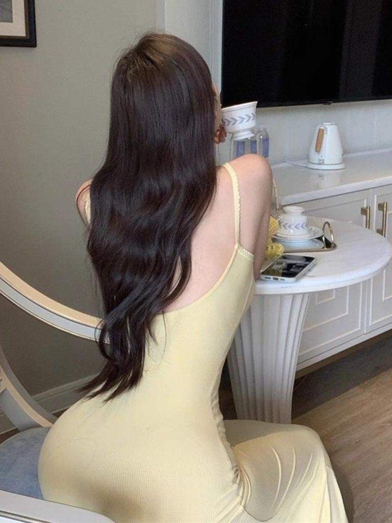 Sweet Milk Yellow Pure Desire Sexy Graceful Curve Suspender Dress Women's Summer White Slim Slim and Thin Fishtail Dress