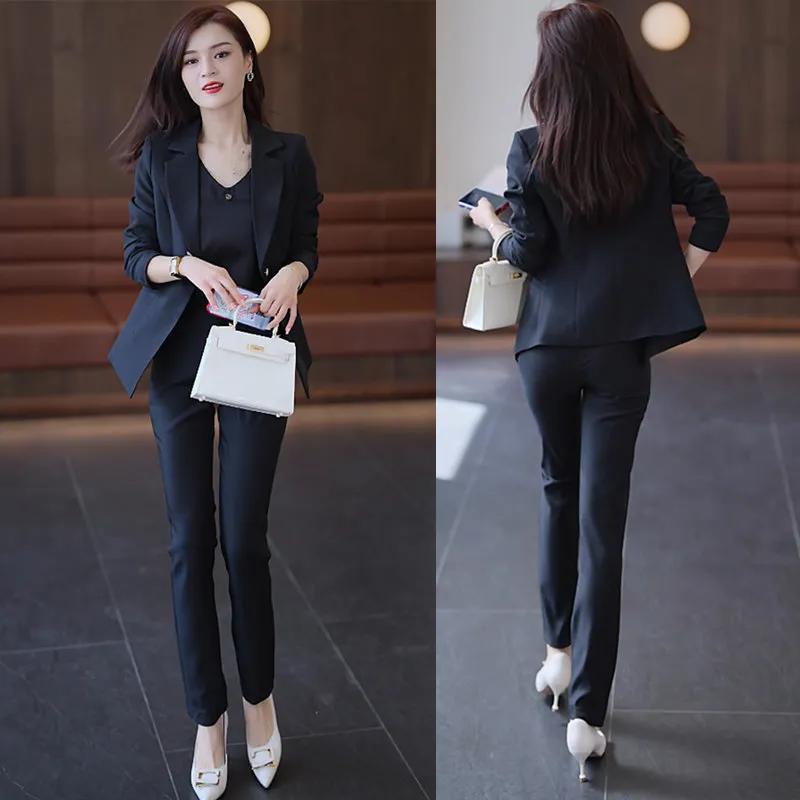 Women's Spring and Autumn Commuter Suit Temperament Pure Color Button Jacket + Pants Two-piece Set