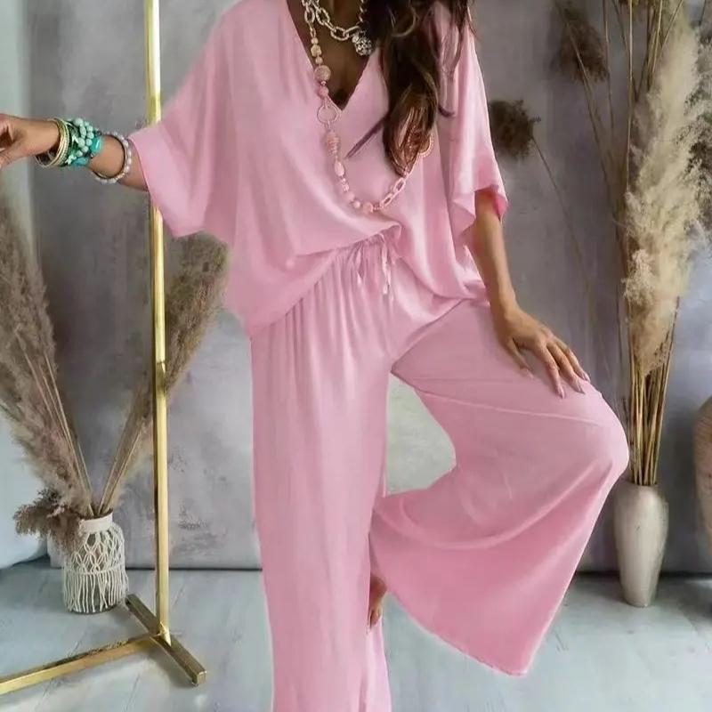 Women's Summer Trousers Suit V-neck Bat Sleeve Casual Top Lace-up Trousers Loose Solid Color Suit Two-piece Set