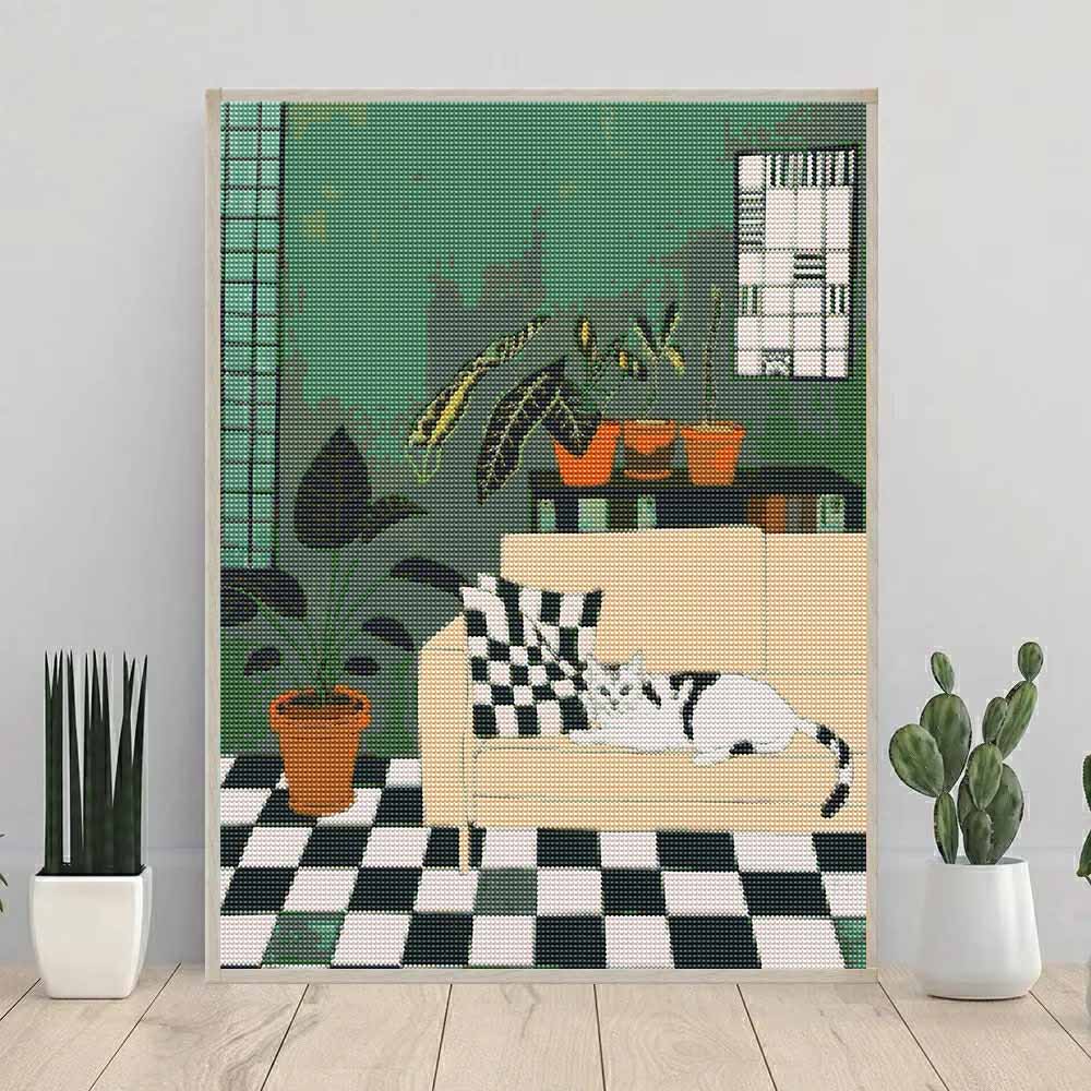 DIY Diamond Art Painting Kit Cozy Living Room Cat with Plants 5D Rhinestone Canvas Wall Decor Gift for Craft Lovers Home Interior Decor