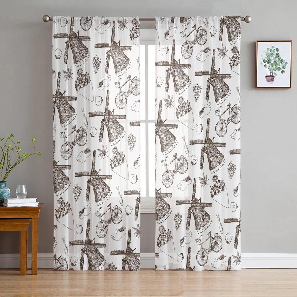 Brown Windmill Flower Cluster Bicycle Bedroom Transparent Sheer Curtains Holiday Decoration Window Voile Tulle Curtain
