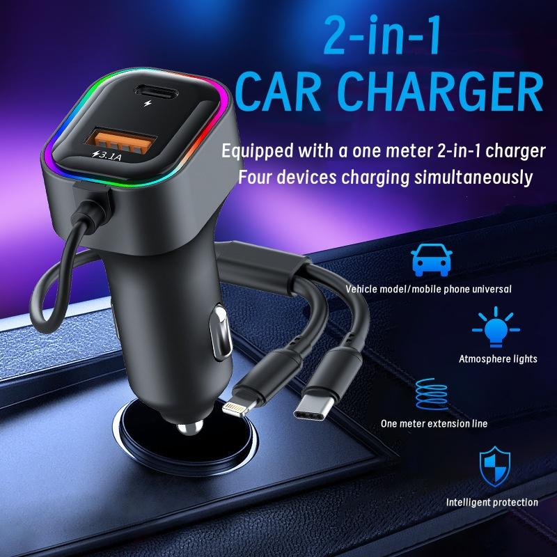 2 in 1 18W USB Car Charger Multi-Function Charger Type C cable for Four Devices Simultaneousl