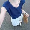 Damen High-End Eis-Seide Blau Strick U-Ausschnitt Kurzarm T-Shirt - Sommer 2025 Kollektion