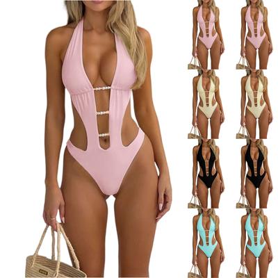 Swimsuit for Women Neck Cutout Bathing Suit with Beaded Strap Detailing Backless Design