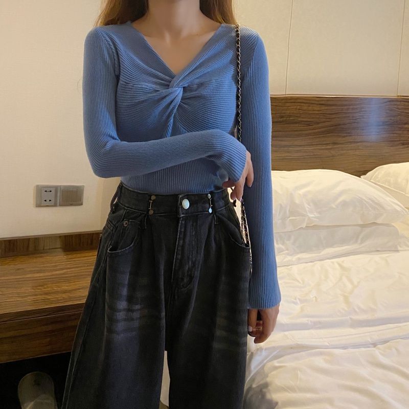 

Женский осенне-зимний однотонный свитер с V-образным вырезом, нижняя часть пальто, трикотажная верхняя одежда с длинными рукавами, универсальный и дышащий пуловер XL синий