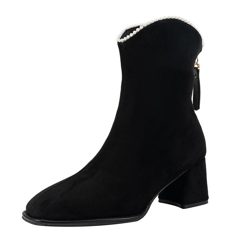 

Женские ботильоны до бедра на блочном каблуке с бисером, зимние, новые, с квадратным носком, замшевые, на задней молнии, нескользящие туфли-лодочки 35 чёрный