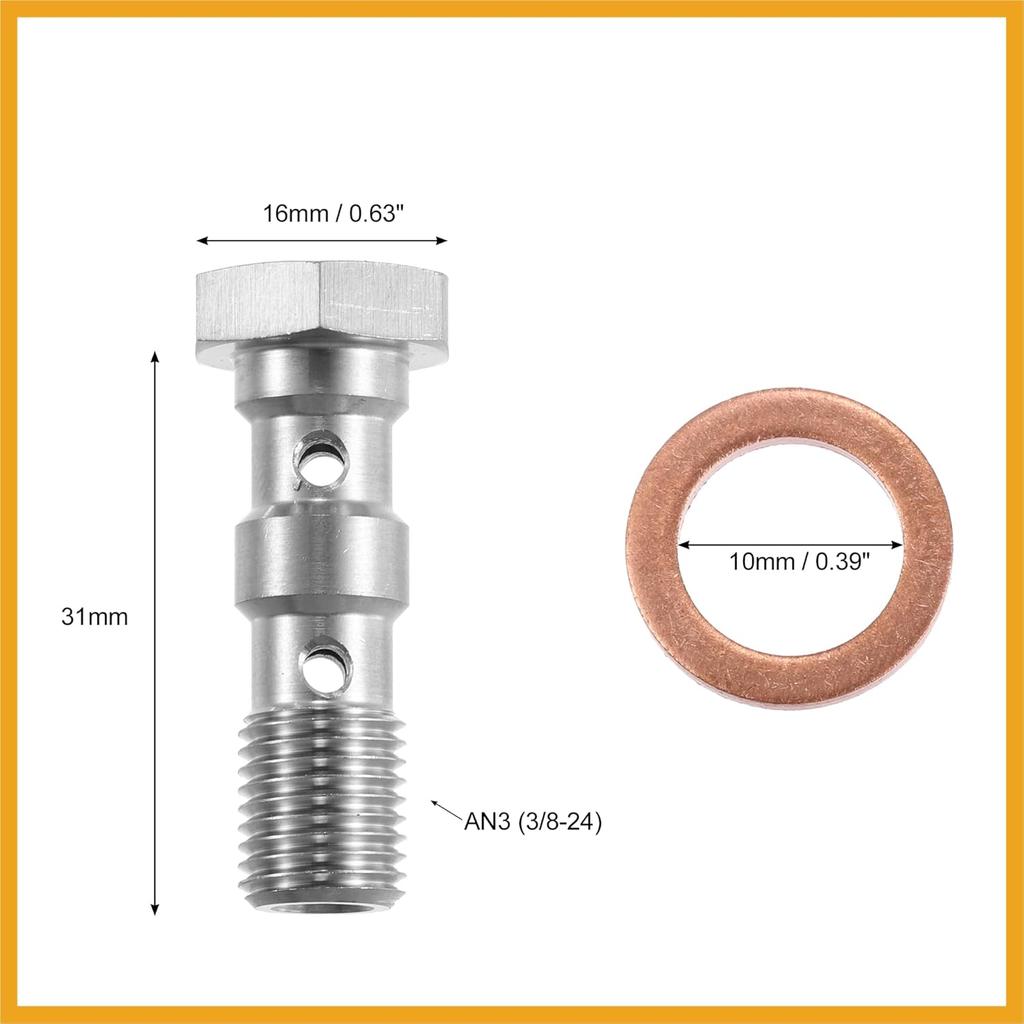 2pcs Stainless Steel AN3 3/8-24 Thread Turbo Brake Line Banjo Bolt with Copper Washers Double Banjo Bolt 31mm Length Replacement