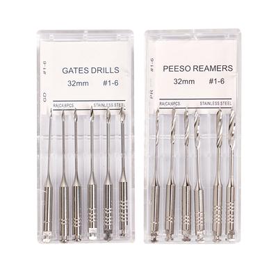 6 vnt. 32 mm dantų endodontinis grąžtas Gates Glidden Peeso praverdiklis sukamas nerūdijančio plieno endo failai odontologo įrankiai