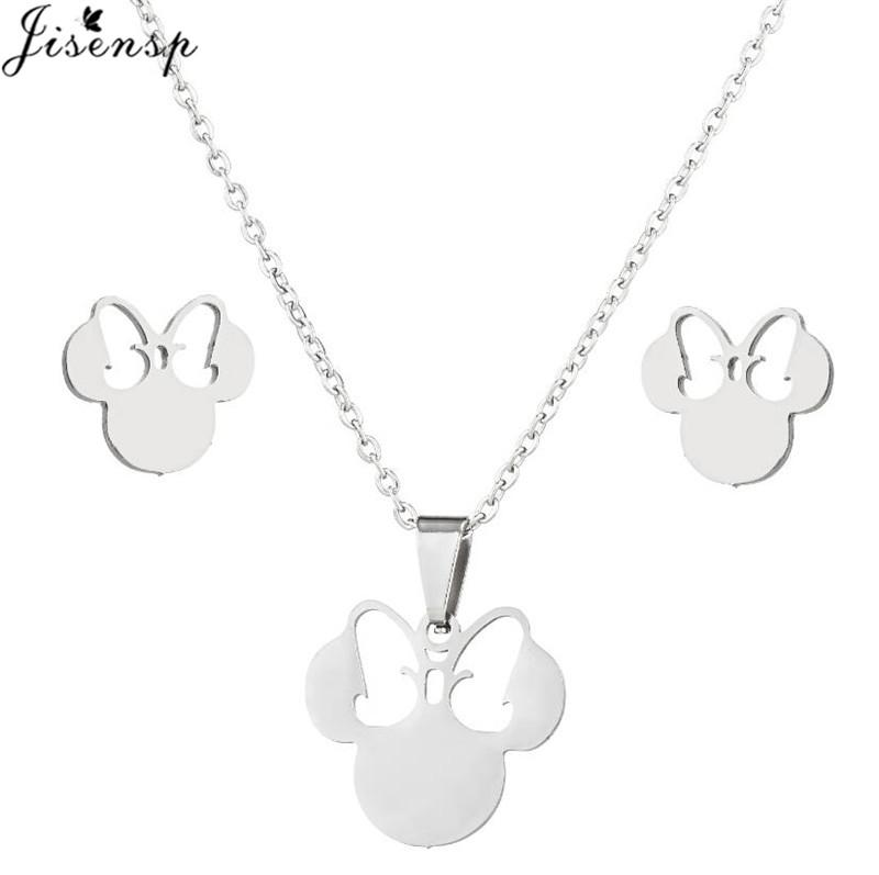 Cartoon Bowknot Mouse Stainless Steel Jewelry Set for Women Fashion Anime Animal Necklace Earrings Party Accessories