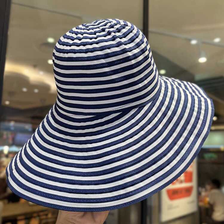 Temperament Versatile Webbing Striped Big Brim Sunshade Sunscreen Bucket Hat Women