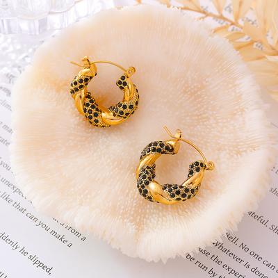 Wind New Inlaid White, Green and Black Diamonds Twisted Shape Earrings Temperament Personalized Design Titanium Steel Plated 18k Real Gold Women