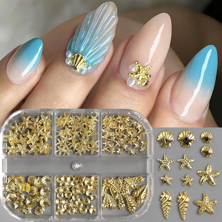 3D Golden Starfish Seashell Nail Art Charms Conch Metal Studs Pearls Caviar Beads Summer Manicure Studs Nail Art Decorations