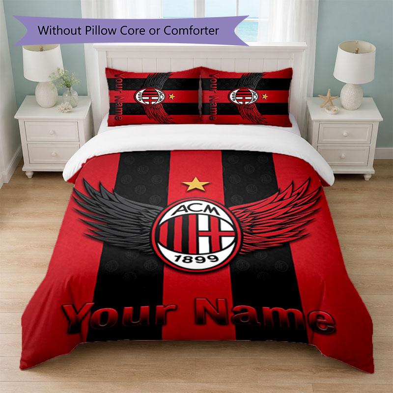 Set Biancheria da Letto Personalizzato AC Milan con Nome Testo 1 Copripiumino+2 Federe Logo Calcio Regalo Personalizzato per Occasioni Speciali Decorazione Camera da Letto