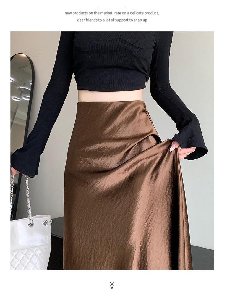 Французька спідниця міді А-силуету з атласу з високою посадкою для жінок - Осіння колекція