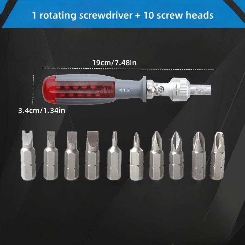 10 in 1 Manual Ratchet Screwdriver Set Metal Tool with Rotating Head Hidden Bit Slot for Tight Spaces Repair DIY