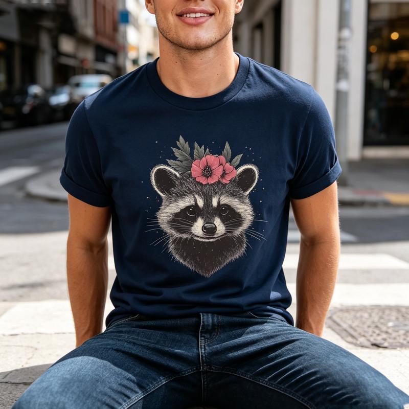 Raccoon Flowers Unisexs TShirt Woodland Animal Graphic Tee 100Cotton Oversized T Shirt