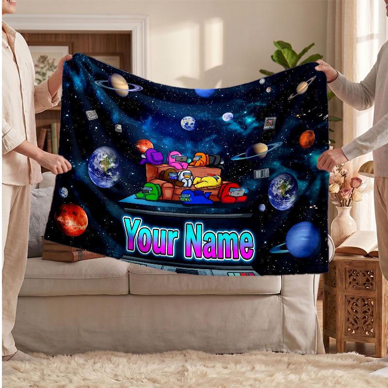 Among Us Personalized Flannel Blanket, Custom Printed Text Name, Warm Soft Blanket For Couch Bed