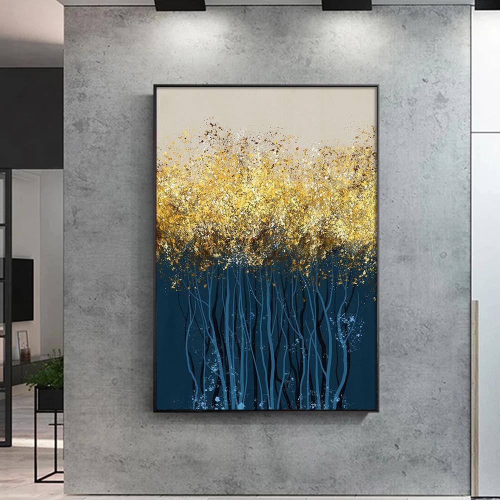 Blue Trees with Golden Leaves Poster Print Canvas Painting Modern Abstract Luxury Picture for Living Room Home Decor Cuadros