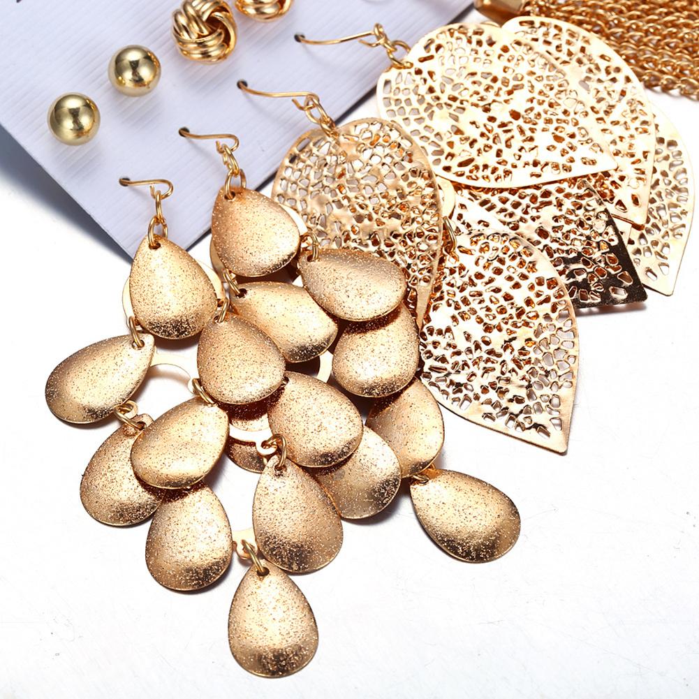6 Pairs Bohemia Style Golden Jewelry Set Vintage Leaves Long Tassel Stud Earrings Set for Women