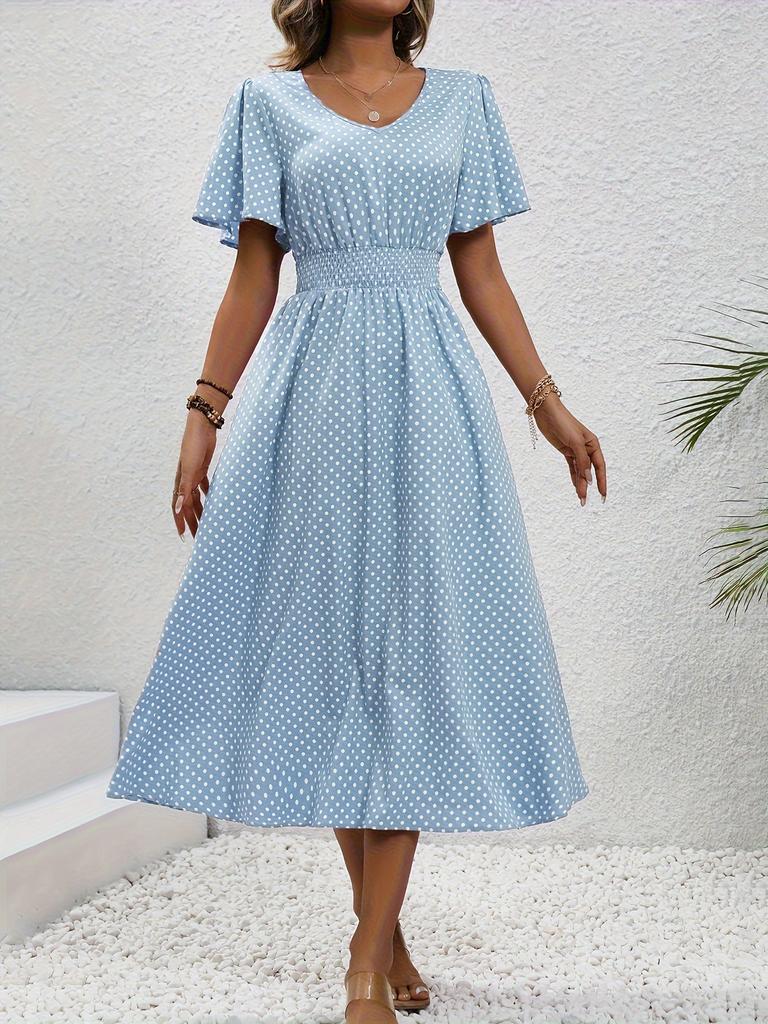 TEMU Estampado de Lunares Cintura Elegante Manga Corta Cuello en V Falda Línea A Primavera Y Verano Ropa de Mujer