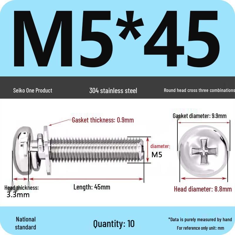 304 Stainless Steel Phillips Round Head Screw with Flat Washer M3/M4/M5/M6