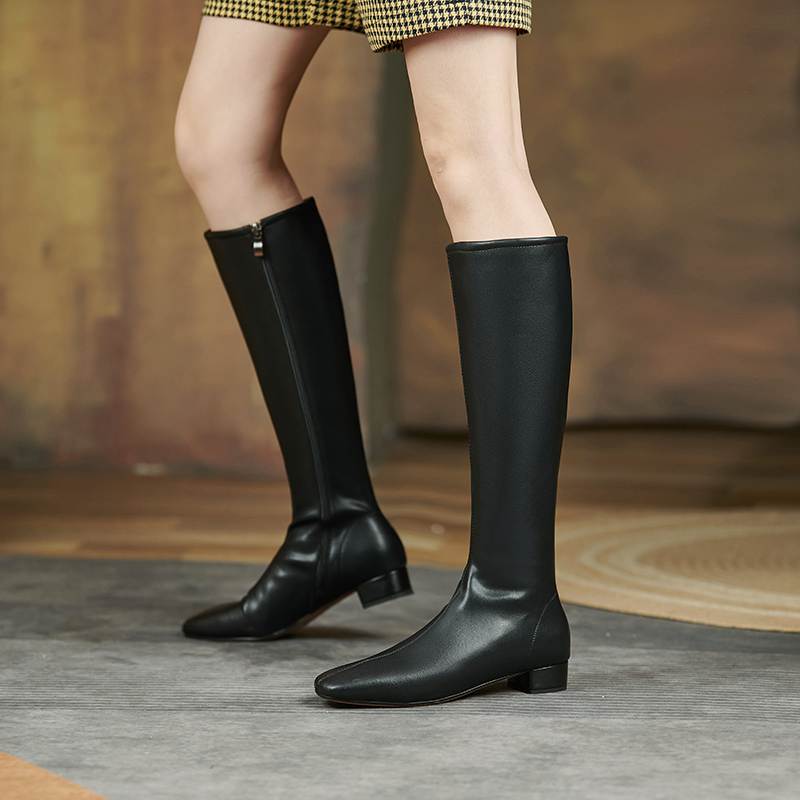 Krazing Pot Cuir Fendu Vache Automne Hiver Chaussures Talons Bas Bottes d'Équitation Bout Carré Garder au Chaud Fermeture Éclair Bottes Cuisse