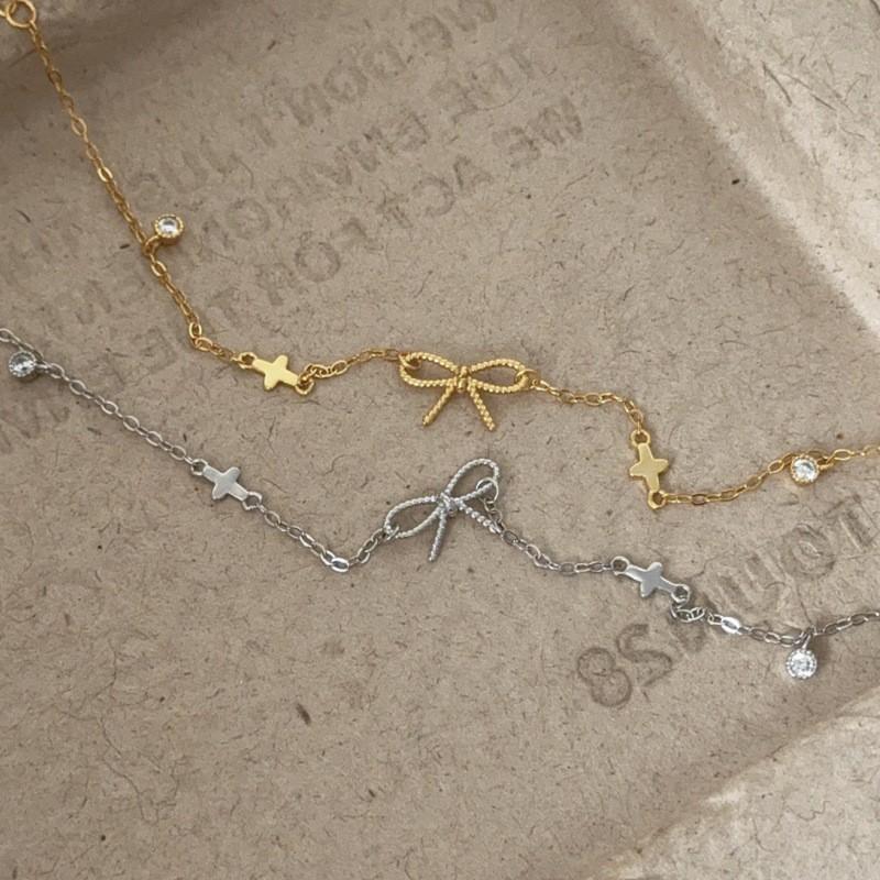 Sterling Bow Knot Bracelet Women Minimalist Cross Pendant Fashion Jewelry