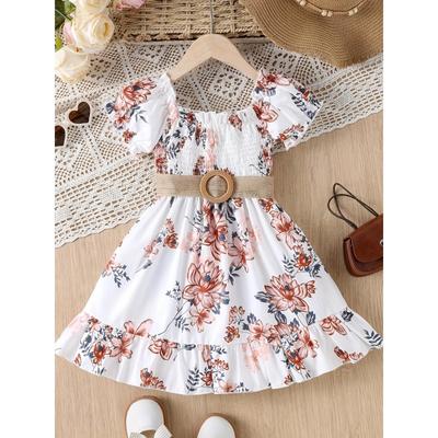 Robe Casual Imprimée Blanche à Manches Courtes et Col Rond, Cintrée à la Taille, pour Filles