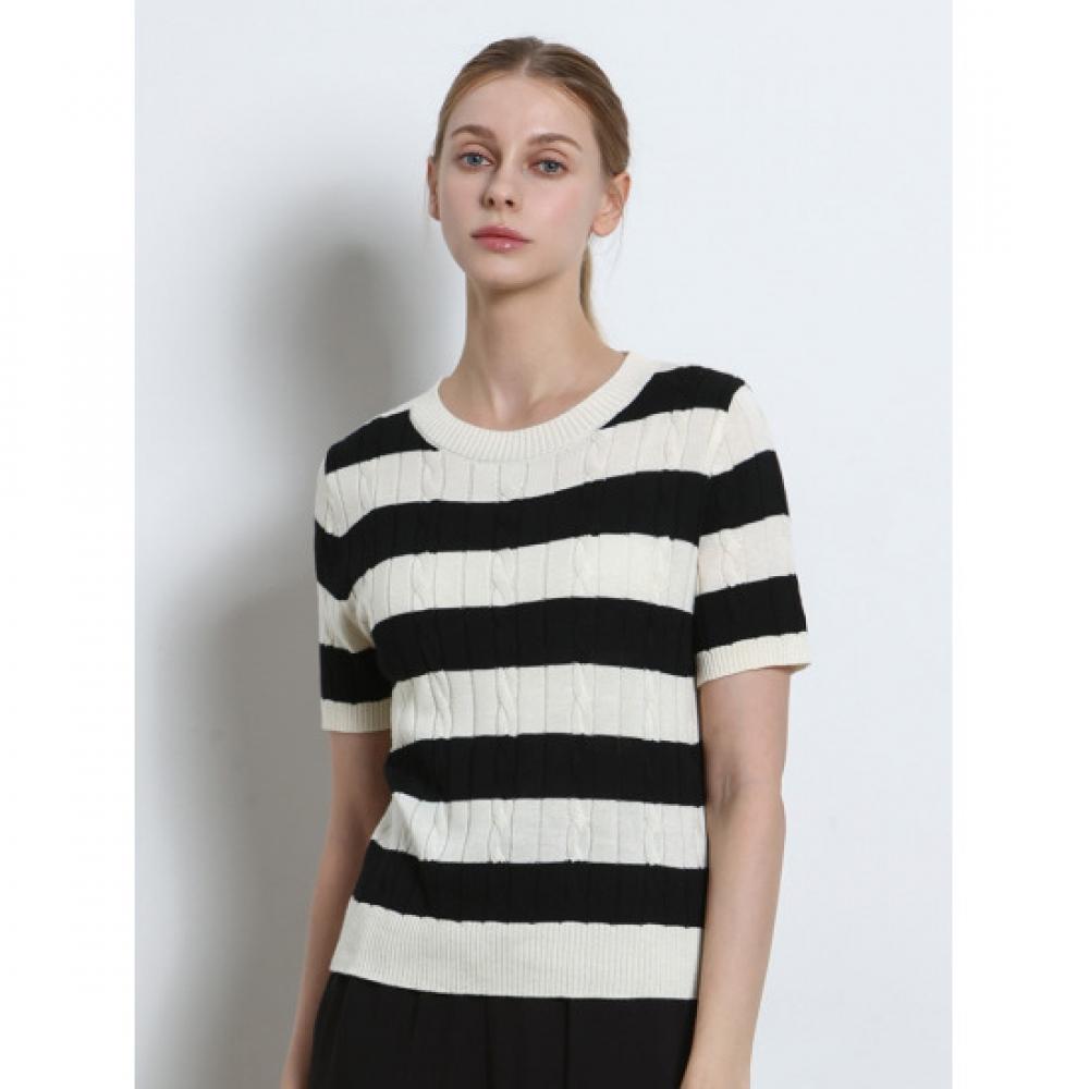 Ozoc Women Twisted Striped Short Sleeve Sweater