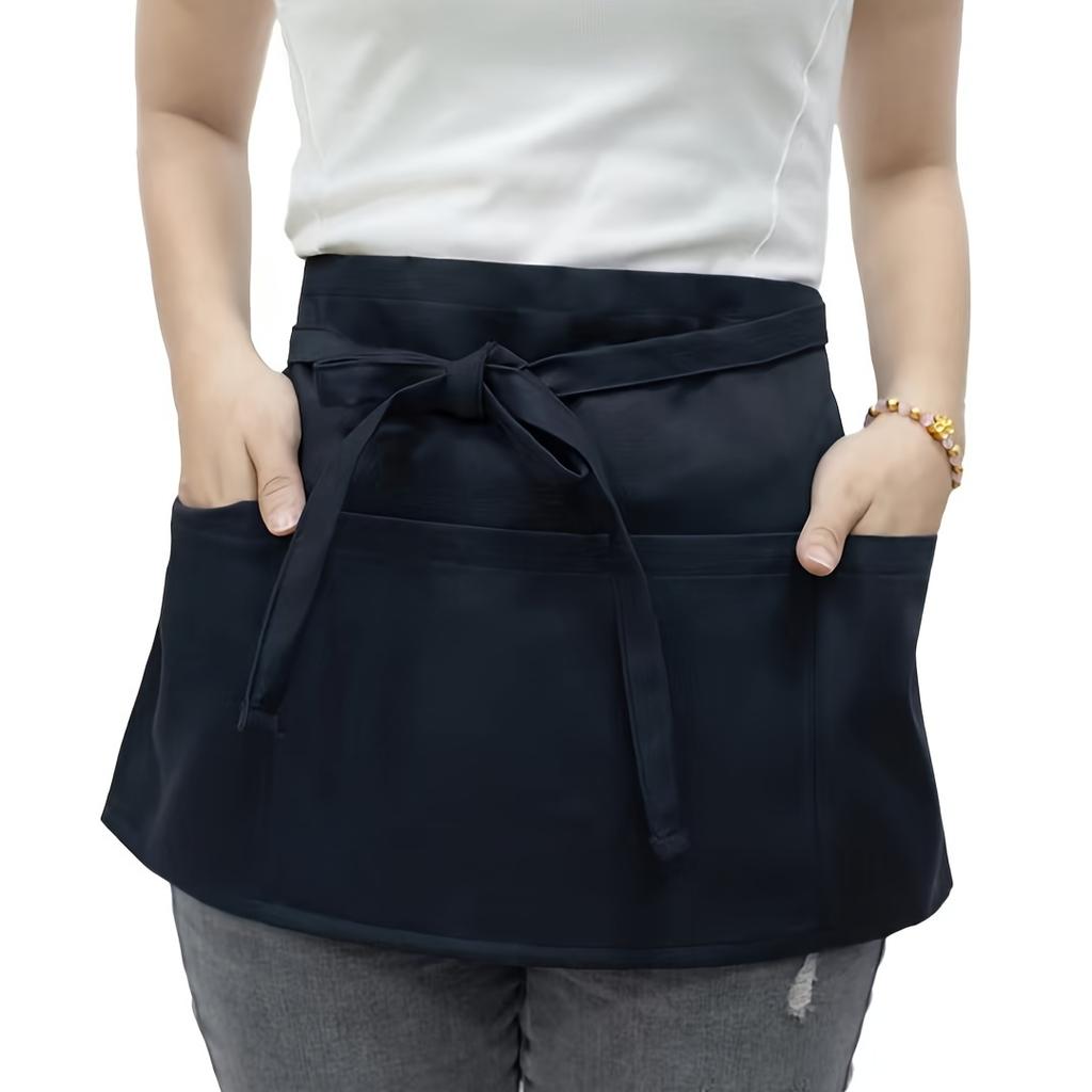 Waist Skirt with Three Pockets, Black Short Apron for Servers, Half Cut Short Apron