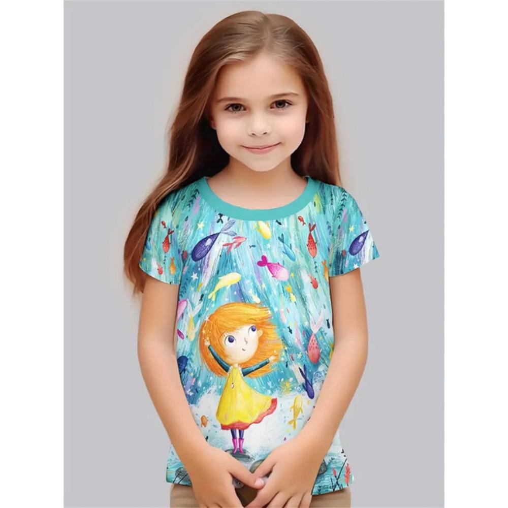 

2025 Одежда для девочек Модные повседневные футболки с 3D-принтом Милые индивидуальные повседневные футболки для девочек Летняя футболка с короткими рукавами 160