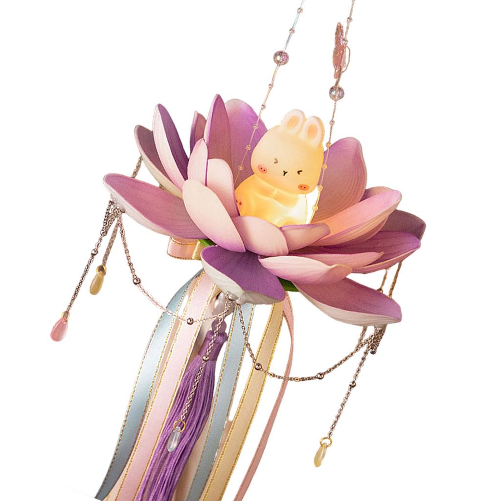 Elegant Festival Lotus Flower Lantern Functional Plastic Mid Autumn Lantern with Rabbits Easy to Use Candle Lights