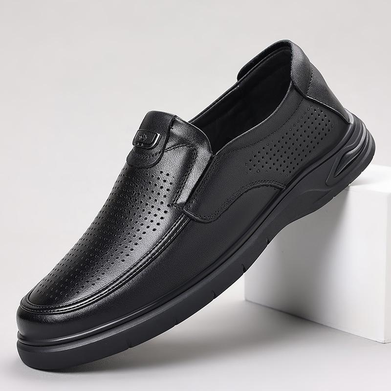 Cool leather shoes men's leather soft sole summer comfortable and breathable dress business men's shoes round head hollow casual hole hole men's shoes