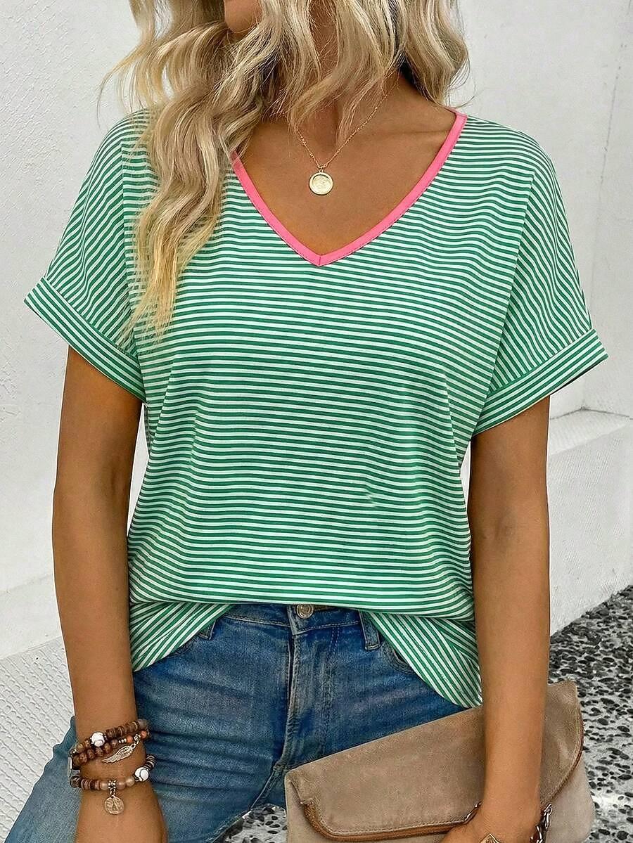 

Women s T Shirt Print Striped Heart Graphic Geometric Vintage Stylish Classic Short Sleeve V Neck Regular Tops 2XL