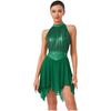 Womens Lyrical Dance Dress Ruched Metallic Mesh Rhinestone Detail Irregular Hem Sleeveless Backless Built In Briefs Leotard