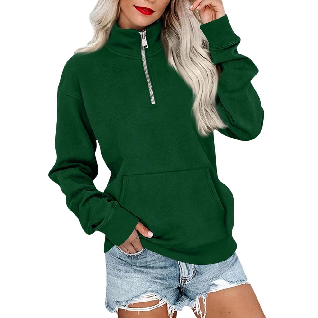 Women's Loose Fit Zip Up Sweatshirt Color Round Neck Long Sleeve Top