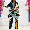Women Plus Size Round Neck Long Sleeve Blue Orange Printed Layered Top Long Pants Two Piece Set