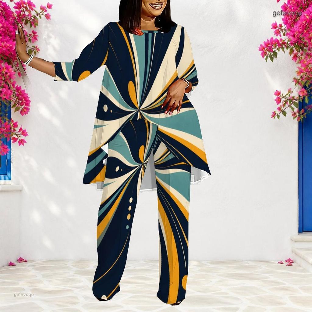 Women Plus Size Round Neck Long Sleeve Blue Orange Printed Layered Top Long Pants Two Piece Set