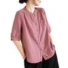 Fan basic solid color cotton short-sleeved shirt women's summer new loose and thin semi-open neck cardigan top