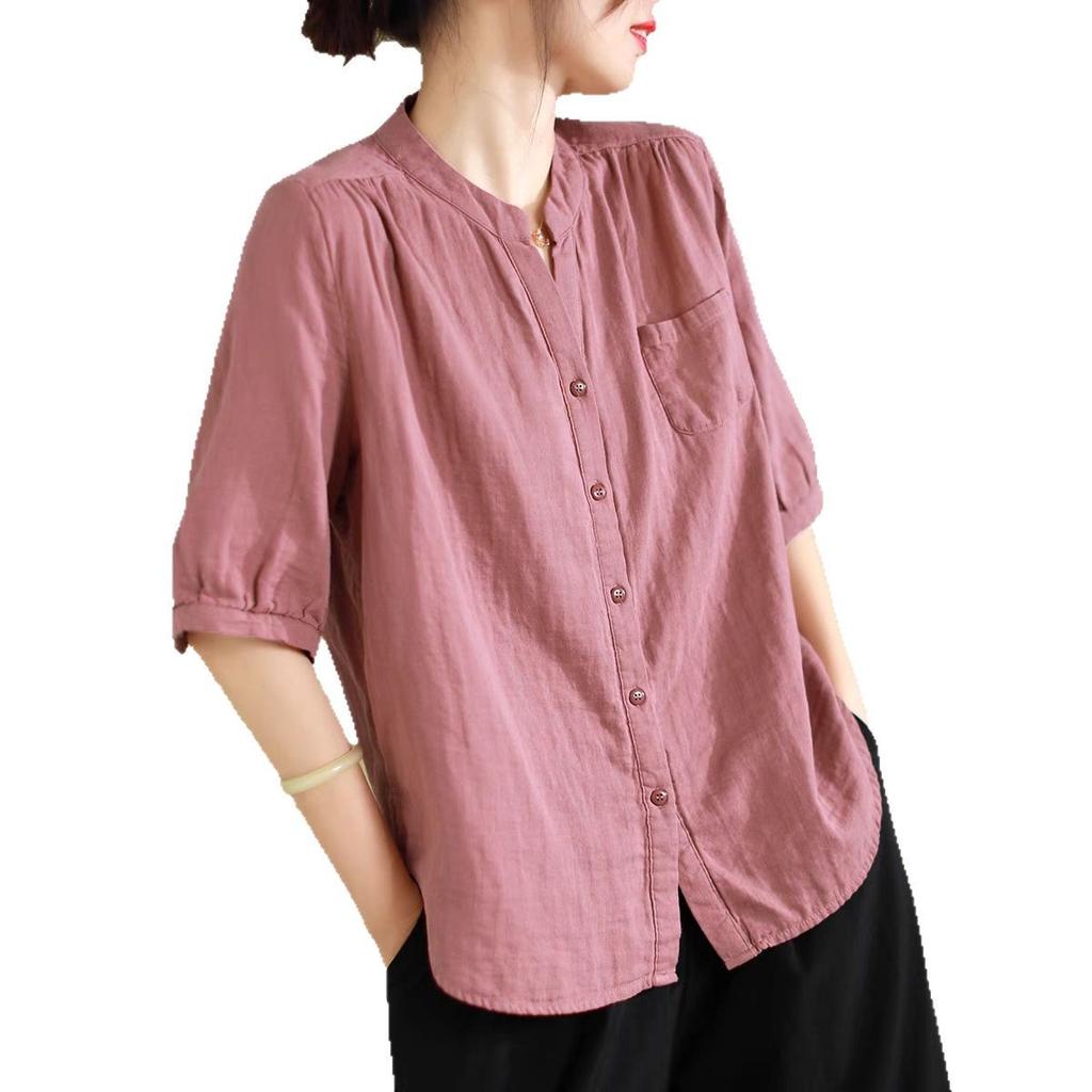 Fan basic solid color cotton short-sleeved shirt women's summer new loose and thin semi-open neck cardigan top