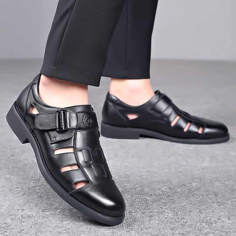 

[Genuine leather cowhide] New summer sandals men s soft-soled hole-in-the-hole leather shoes hollow non-slip dad shoes leather sandals 38