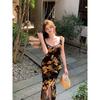 Sweet and Spicy Retro Slim-fitting Split-ended Waist-wrapped Hip Skirt Women's Temperament Long Dress Ruffle Edge Floral Suspender Dress
