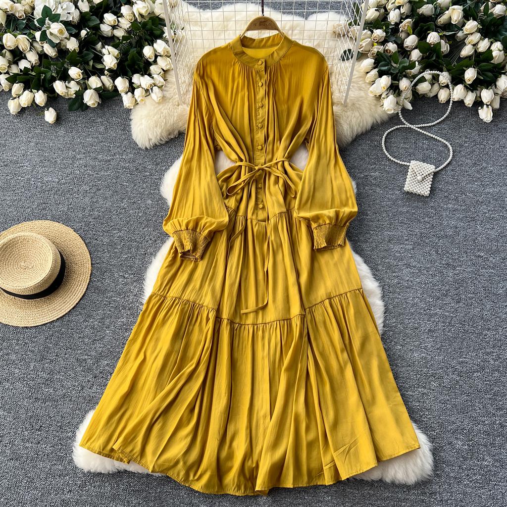 Frenchic Vintage Maxi Dress Women Stand Collar Lantern Sleeve Lace-up Female A-line Elegant Dresses Spring Autumn