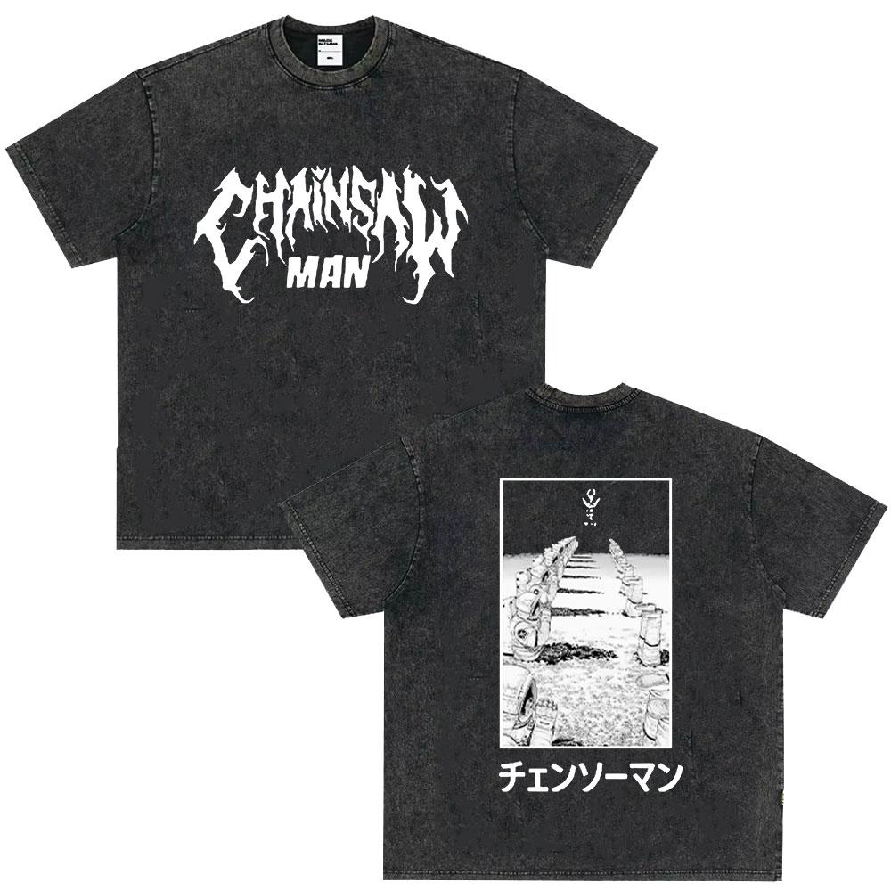 Japanese Anime Chainsaw Man Kobeni Metal Denji Tshirt Vintage Washed Manga Graphic T Shirts Unisex Couples Short Sleeve T Shirt