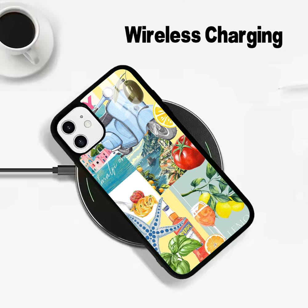 S-Seaside Scenery Wine Lemon Wireless charging phone case compatible with iPhone 17/16/15/14/13/12/11