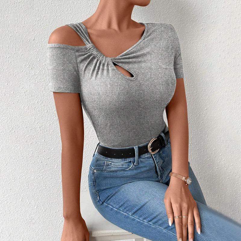 New Spring and Summer Women s Fashionable and Simple Slanted Collar Irregular Design Short Top S серый